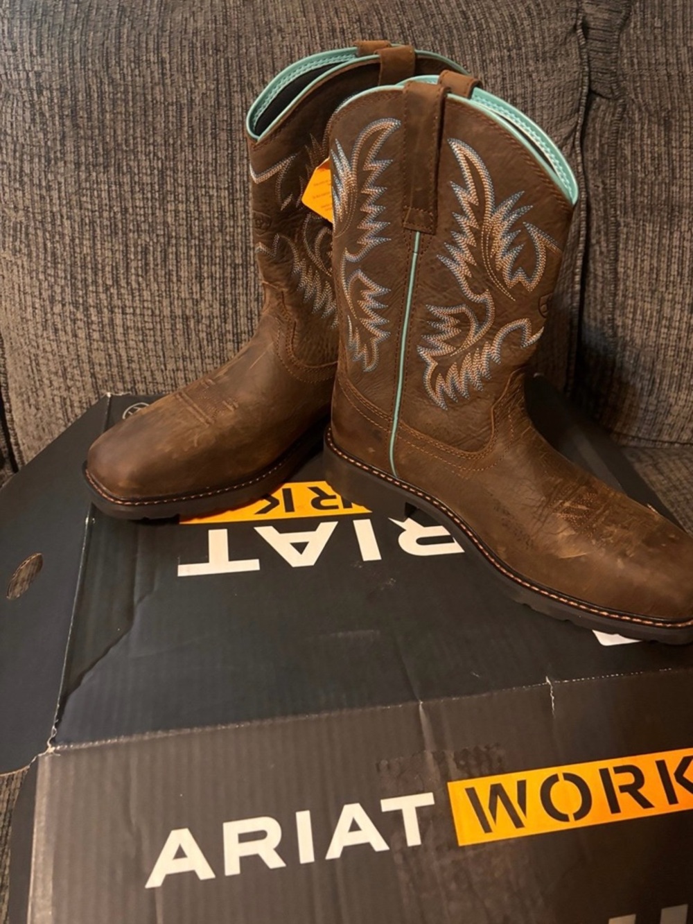 Ariat Brown Leather Western Work Boots with Turquoise Accent